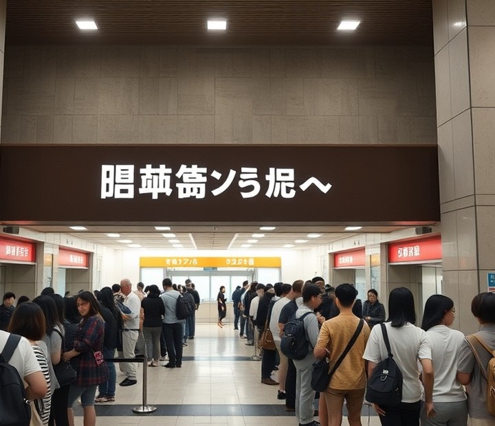 導入前 — すべての手続きが一つの列に並び、入口付近に待ち列が集中しています。